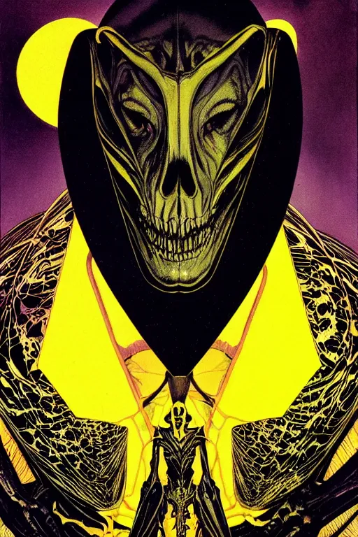 Prompt: portrait of black and yellow technicolor grainshading print, richard corben, wayne barlowe, moebius, heavy metal comic cover art, psychedelic triangular skeleton, very intricate, thick outline, full body, symmetrical face, long black crown, in a shapes background, galactic dark colors