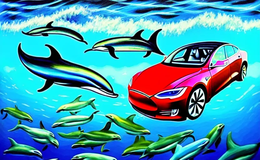 Image similar to a surreal colourful painting of a tesla car underwater surrounded by dolphins