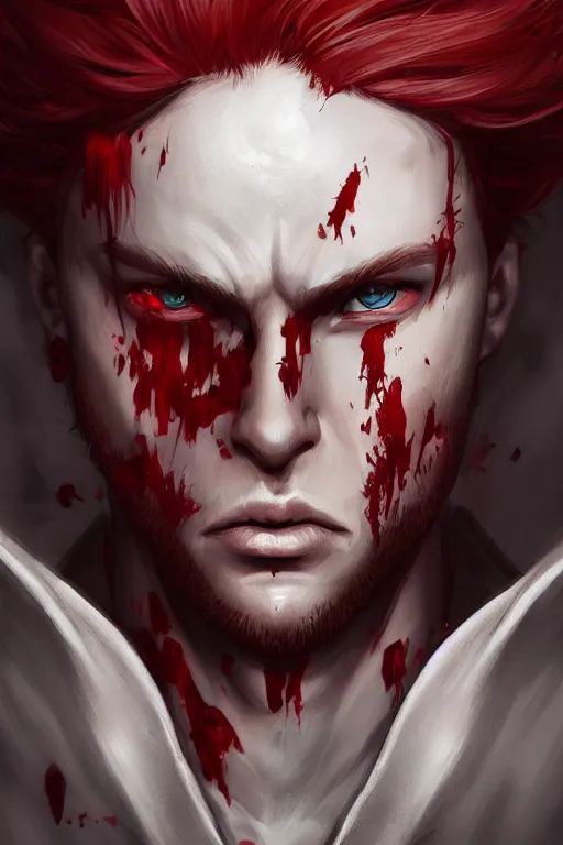 Prompt: A handsome man with a blood red hair, white eyes, fantasy, portrait, sharp focus, intricate, elegant, digital painting, artstation, matte, highly detailed, concept art, illustration, ambient lighting