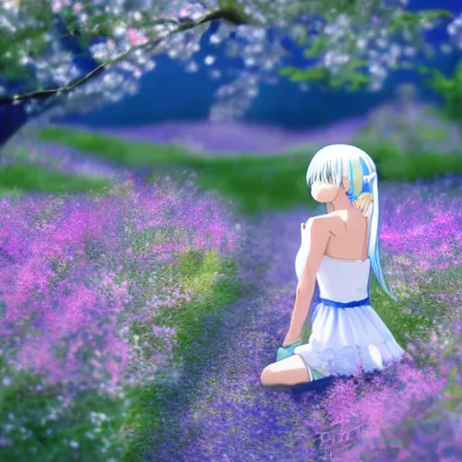 Prompt: Anime girl with cobalt blue hair and a side bun wearing a white sun dress in a scenic field of flowers, trending on pixiv, very very beautiful, 4k