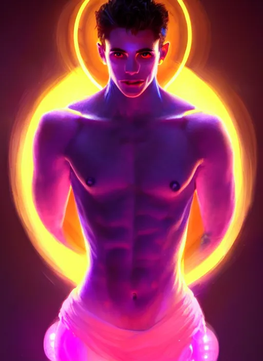 Image similar to a male faceless glowing liquefied stardust adventurer, dnd fantasy character, full body portrait, glowing neon skin, magical aura, ultra realistic, intricate, elegant, highly detailed, digital painting, artstation, smooth, sharp, focus, illustration, art by artgerm and greg rutkowski and alphonse mucha