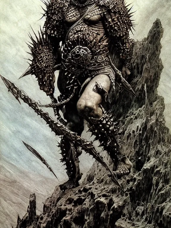 Image similar to A powerful large orc with pale skin covered in scars stands near the mountains, wearing spiky complex detailed armor without a helmet. Extremely high detail, realistic, fantasy art, scars, solo, masterpiece, saturated colors, art by Zdzisław Beksiński, Arthur Rackham