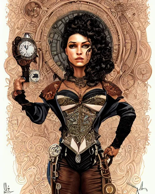 Prompt: a detailed portrait illustration of a steampunk sorceress - athlete. beautiful hispanic female face, provocative expression. muscular, fat. art nouveau, pop art, comic book style. influenced by neil gaiman, karol bak, dan mumford, brian froud, vadim voitekhovitch, android jones, ross tran.