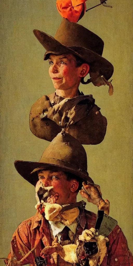 Prompt: “ ( ( ( ( ( tiny hat on a large cowboys head ) ) ) ) ) by norman rockwell!!!!!!!!!!!!!!!!!!!!! ”