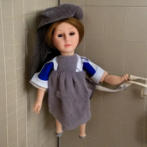 Prompt: a lifelike doll tied to a towel rack in the bathroom with a fabric belt