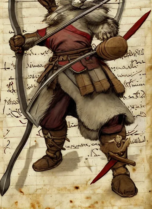 Prompt: a heroic rabbit archer with sword and shield on a parchment background, redwall, greg rutowski and jean baptiste monge, detailed, epic fantasy concept art