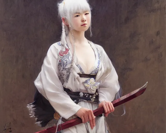 Image similar to a young japanese princess lady with white hair and bangs!!!!, posing with a sword, white hair highly detailed painting by gaston bussiere, craig mullins, j. c. leyendecker 8 k