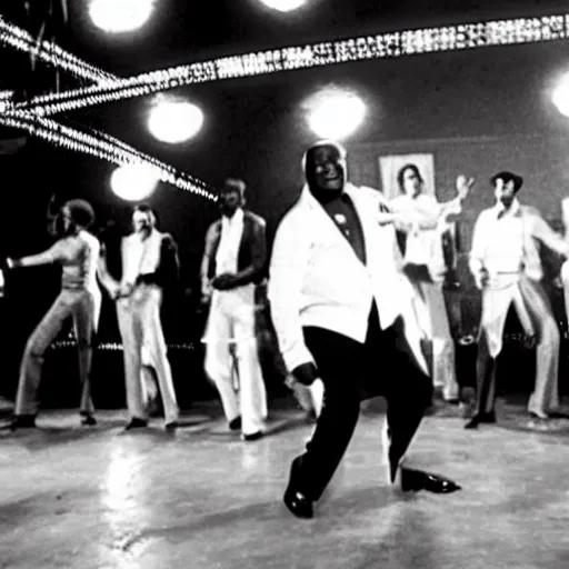 Image similar to A movie still of Idi Amin dancing in Satuday Night Fever