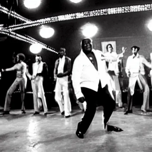 Prompt: A movie still of Idi Amin dancing in Satuday Night Fever