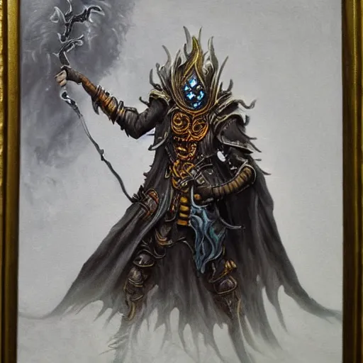 Prompt: a finely detailed oil painting of an undead fantasy art lich sorcerer,