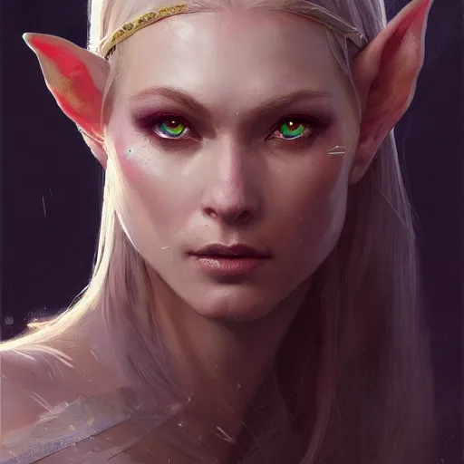 Image similar to A head-on detailed oil fantasy portrait of a pretty elf woman with small horns on her forehead, long blonde hair and bright irises, by greg rutkowski, trending on artstation, dungeon and dragons art