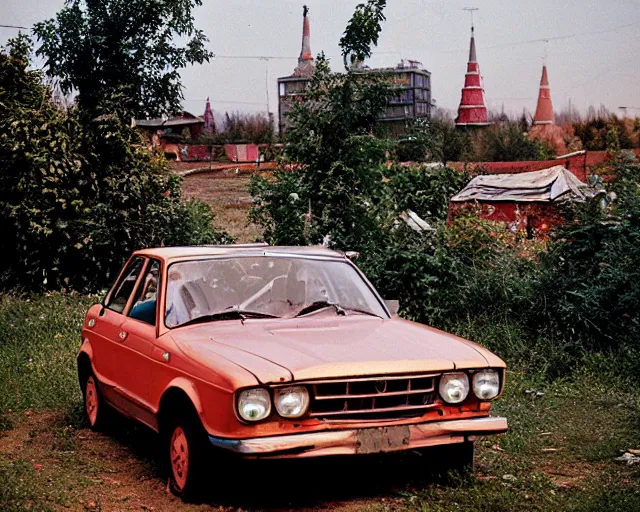 Image similar to a lomographic photo of old lada 2 1 0 7 concept car standing in typical soviet yard in small town, hrushevka on background, cinestill, bokeh