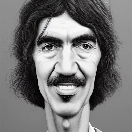 Image similar to Caricature portraits done of George Harrison, realistic, hyperrealistic, very realistic, highly detailed, very detailed, extremely detailed, detailed, oil painting, digital art, trending on artstation