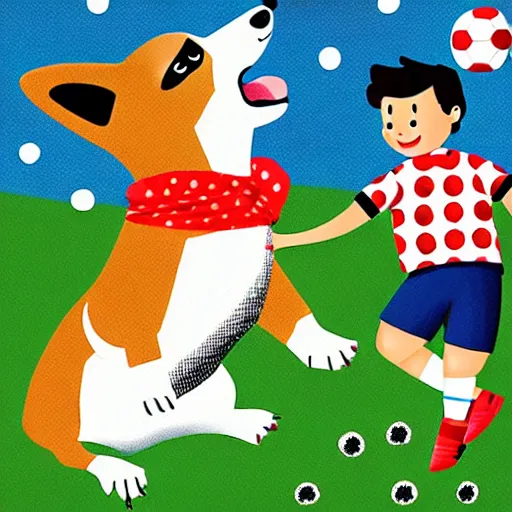 Image similar to illustration of french boy in paris playing football against a corgi, the corgi is wearing a polka dot scarf