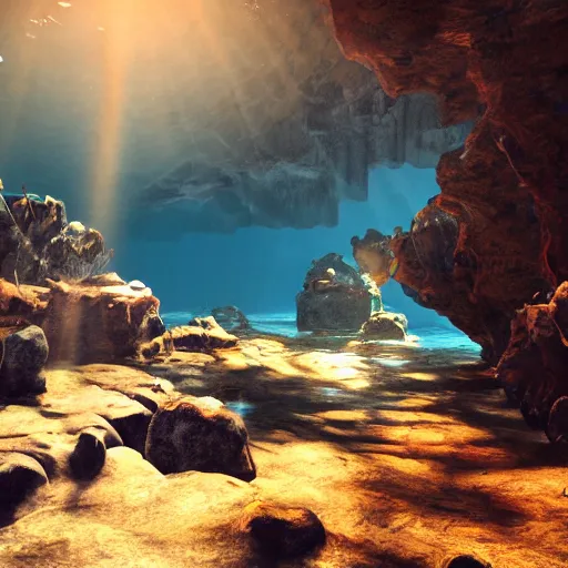 Prompt: underwater caverns, crepuscular rays, digital art, trending on artstation, unreal engine, 4k