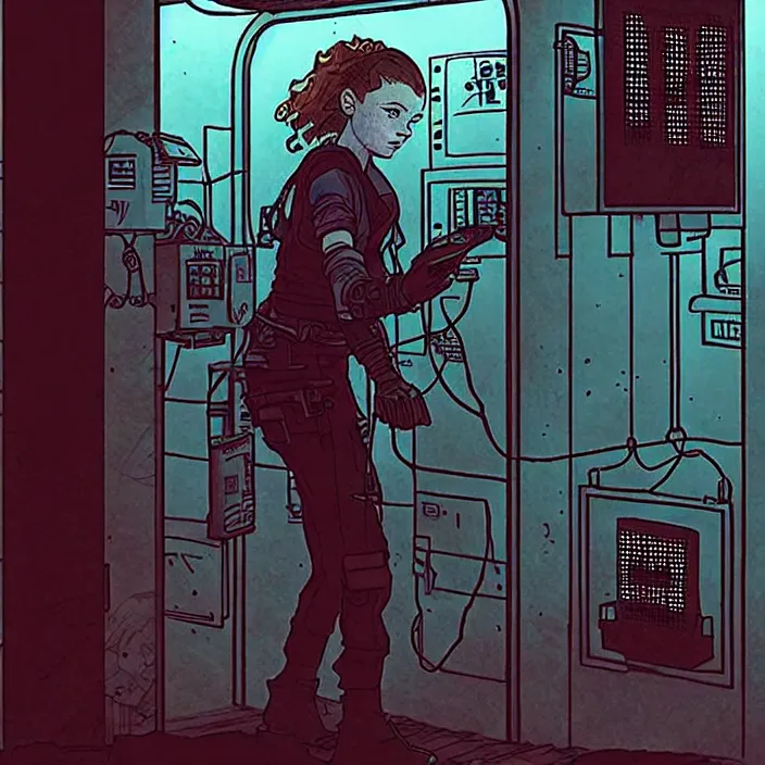 Image similar to sadie sink as a miner inside a minimalist old - fashioned automated kiosk with options to choose from. storyboard - style drawing scifi cyberpunk. by gabriel hardman, joe alves, chris bonura. cinematic atmosphere, detailed and intricate, perfect anatomy