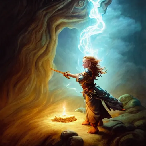 Image similar to full body portrait of a female halfling hobbit monk fistfighter warrior, communing with her goddess of mist and light, flowing robes and leather armor, detailed dynamic light painting by albrecht anker and peter mohrbacher