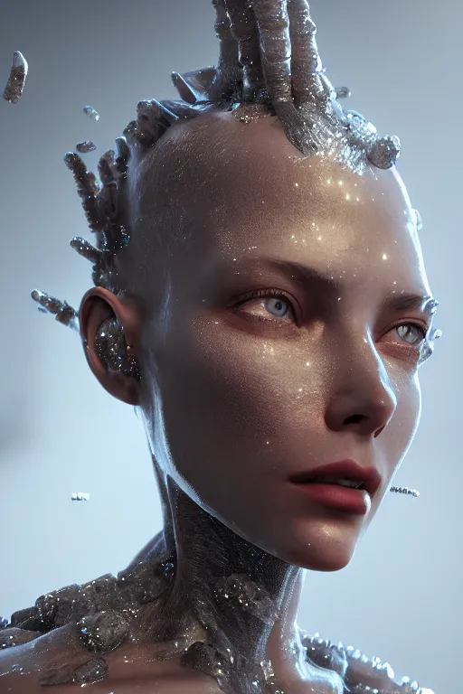 Image similar to skin concept, biopunk, in full growth, magical smoky translucent luminous sparkling crystals, many details, 3 d, cinematic, hyper realism, high detail, octane render