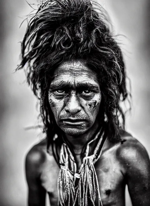 Image similar to Award winning Editorial photo of a Native Nauruans with incredible hair and beautiful hyper-detailed eyes wearing traditional garb by Lee Jeffries, 85mm ND 5, perfect lighting, gelatin silver process