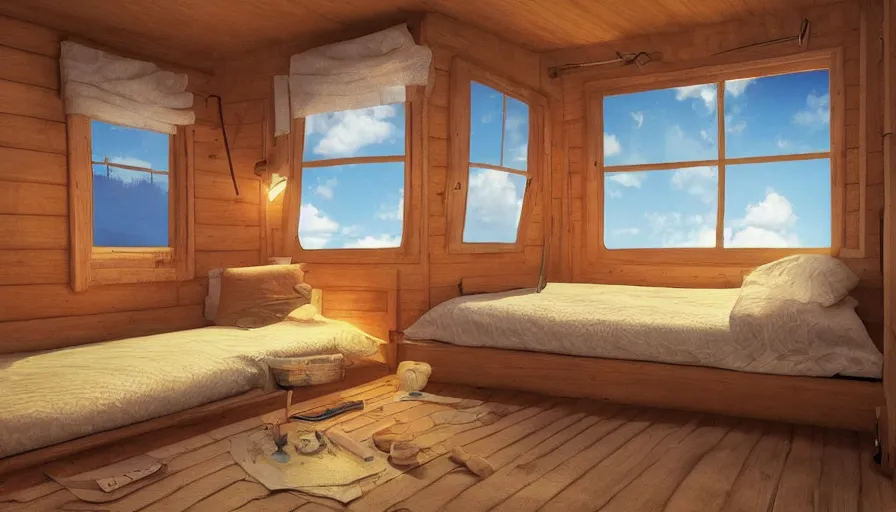 Image similar to a small cabin on a ship. there's a porthole and a bed, digital art, highly detailed, realistic, bright colors, 8 k