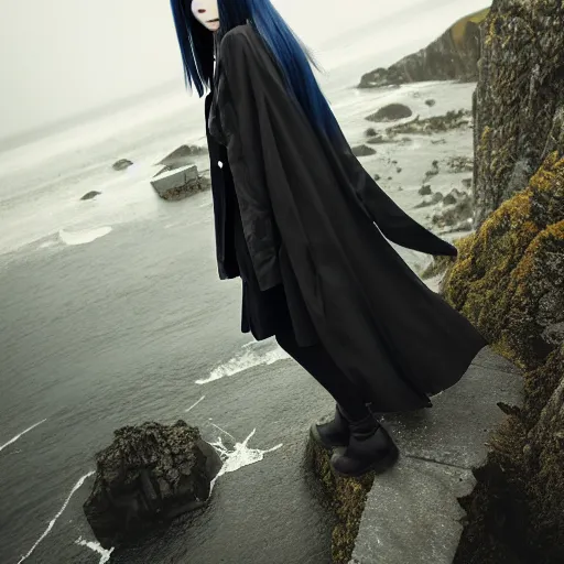 Image similar to 1 7 - year - old anime goth girl, black hair, long bob cut, long bangs, gothic coat, long bangs, standing on cliff along the irish coast, overcast gray skies, ultra - realistic, sharp details, cold lighting, blue and gray colors, intricate details, subsurface scattering, hd anime, 2 0 1 9 anime