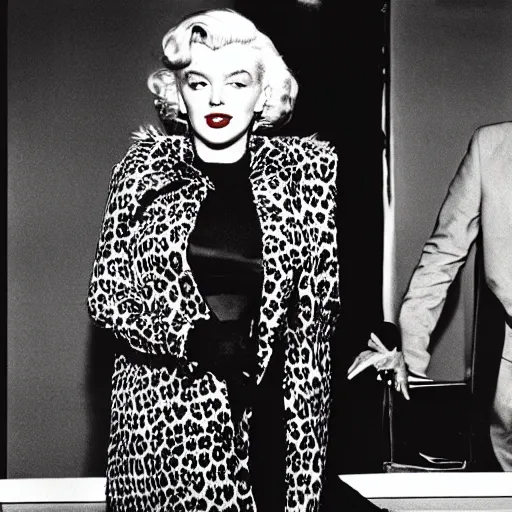 Prompt: Marilyn Monroe, standing next to JFK, is wearing a Leopard coat long with black leather spikes and green lace, photographed in the style Annie Leibovitz, Studio Lighting, Photorealistic