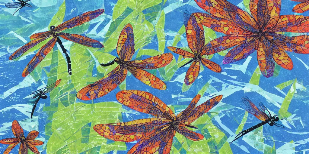 Image similar to dragonflies darting above a peaceful stream. hand - painted collage cut paper. by eric carle