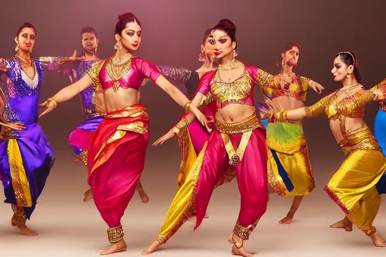 Image similar to still photo of bollywood dancers dancing, wearing silk cloth in whole body, highly detailed, photorealistic portrait, bright studio setting, studio lighting, crisp quality and light reflections, unreal engine 5 quality render