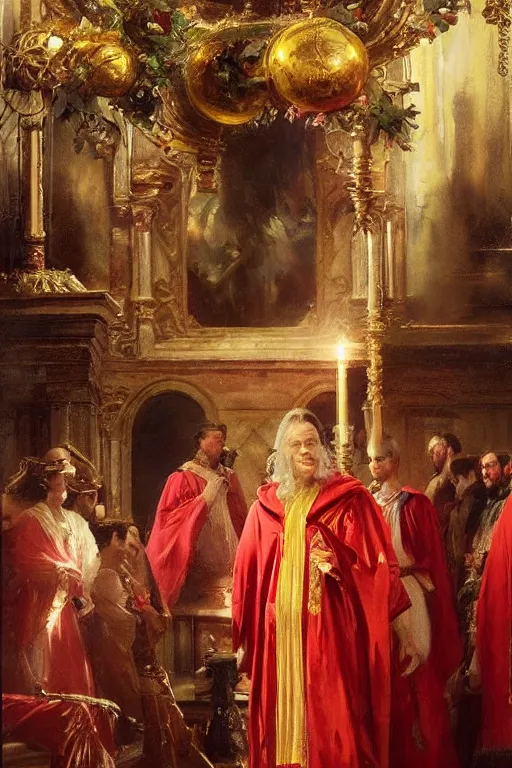 Image similar to beautiful oil painting, steve buscemi in royal crimson robes enthroned as the god emperor of ancient rome a golden wreath upon his head, by anders zorn, wonderful masterpiece by greg rutkowski, beautiful cinematic light, american romanticism, by thomas lawrence, greg rutkowski