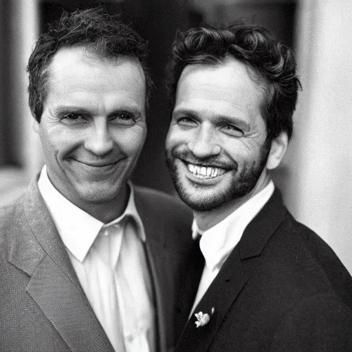 Prompt: A 4x5 portrait of two men one dishevelled man who has neutral face and a one is smiling and well dressed, 200mm lens, bokeh, depth of field, black & white, grainy, rule of thirds