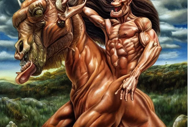 Image similar to beautiful lifelike painting of a centaur centaur centaur chimera tom cruise torso, hyperreal detailed facial features and uv lighting, art by ed roth and basil wolverton