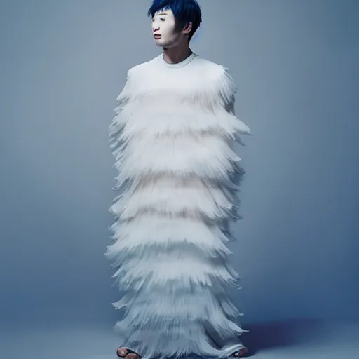 Image similar to a beautiful young japanese male wearing an ombre cotton candy gown designed by alexander mcqueen, photographed by andrew thomas huang for a fashion editorial