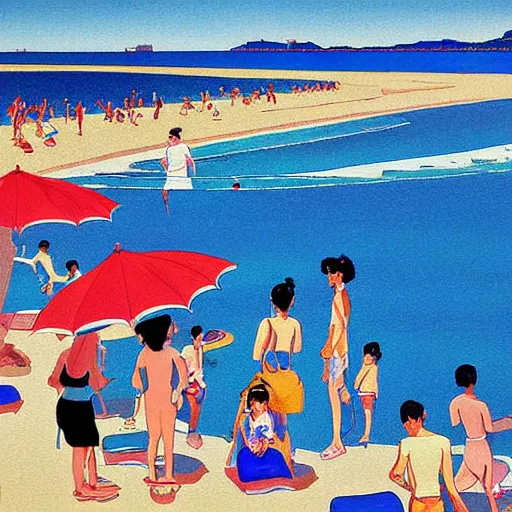 Prompt: a beautiful painting of a sunny day at the beach by hiroshi nagai and hirohiko araki, detailed line art