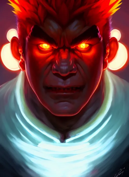 Image similar to symmetry!! portrait of akuma, street fighter, wearing gi, glowing lights!! intricate, elegant, highly detailed, digital painting, artstation, concept art, smooth, sharp focus, illustration, art by artgerm and greg rutkowski and alphonse mucha