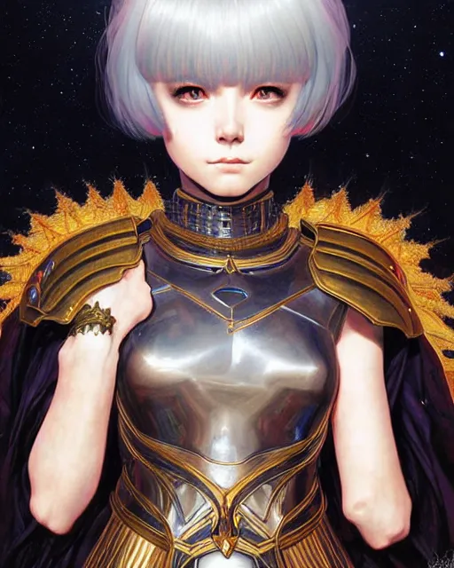 Image similar to portrait of beautiful cute young maiden girl with short white hairs in warhammer armor, art by ( ( ( kuvshinov ilya ) ) ) and wayne barlowe and gustav klimt and artgerm and wlop