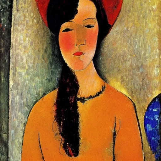 Prompt: representation of a young woman with a happy face in the year 1917 by Amedeo Clemente Modigliani, Italian painter and sculptor