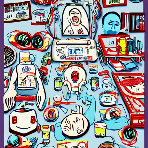 Image similar to chinese surgery operating table, in the style of daniel johnston and outsider art, 8k, line brush, overlaid with chinese adverts