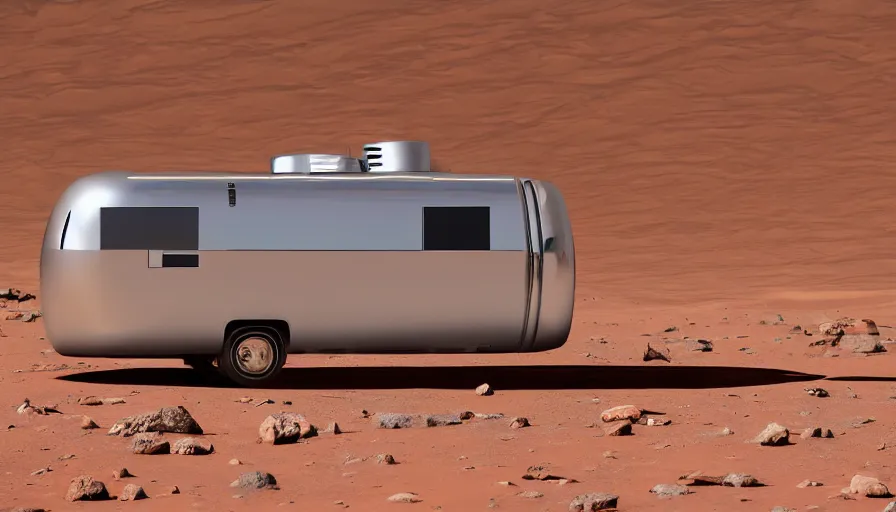Prompt: professional photograph of a beautiful futuristic chrome Winnebago designed by Buckminster Fuller in a picturesque desert on Mars. The Winnebago is floating, and has no wheels. Astronauts are standing nearby, racking focus, depth of field, extreme panoramic, Dynamic Range, HDR, chromatic aberration, Orton effect intricate, elegant, highly detailed, artstation