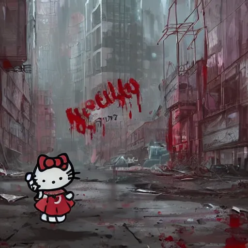 Image similar to hello kitty drenched in blood in a post - apocalyptic dystopian destroyed cityscape, digital art, artstation, high resolution