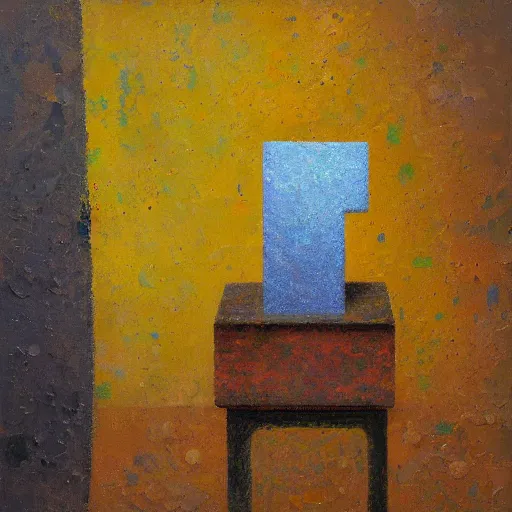 Prompt: a impasto painting by shaun tan of an abstract sculpture by the caretaker