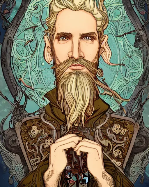 Image similar to a detailed portrait illustration of an elven steampunk wizard. handsome bearded male face, blonde hair. art nouveau, pop art, comic book style. influenced by neil gaiman, h. p. lovecraft, dan mumford, android jones, vadim voitekhovitch, killian eng, ross tran.