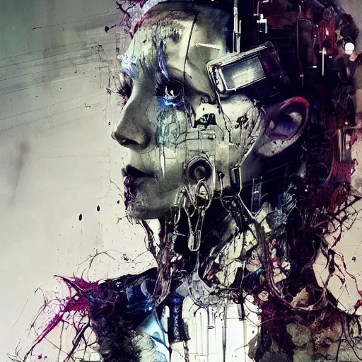 Image similar to pom klementieff as a cybernetic hunter, cyberpunk, wires, skulls, machines by emil melmoth zdzislaw belsinki craig mullins yoji shinkawa realistic render ominous detailed photo atmospheric by jeremy mann francis bacon and agnes cecile ink drips paint smears digital glitches glitchart