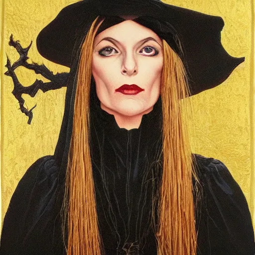 Image similar to portrait of a witch, dressed in black clothes embroidered with gold, by alex ross.