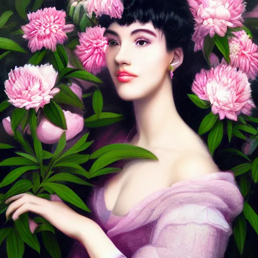 Image similar to highly detailed portrait of the most beautiful woman surrounded by peonies, vaporwave colors, smooth rendering
