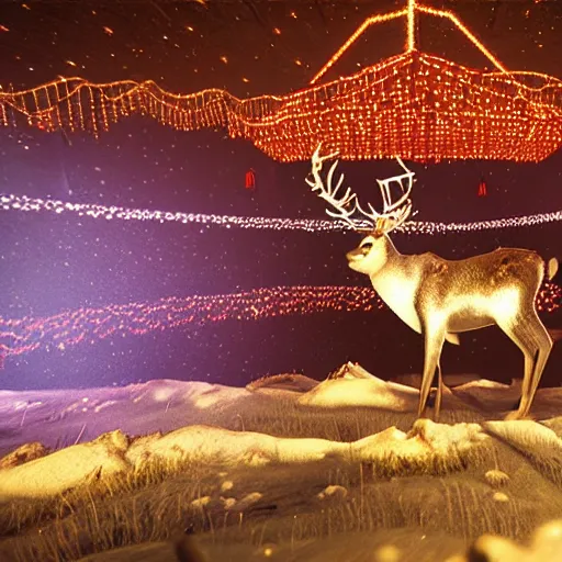 Image similar to reindeer breeders crowded rave in tundra with laser show decorations, hyperrealistic phot, octane render, dynamic lighting