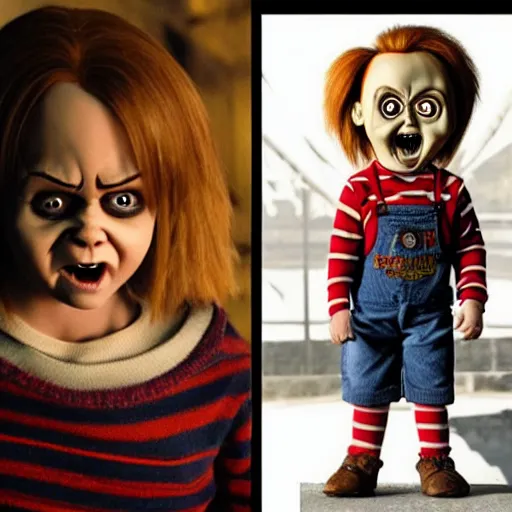 Image similar to screaming chucky doll and emma watson in new harry potter movie, poster