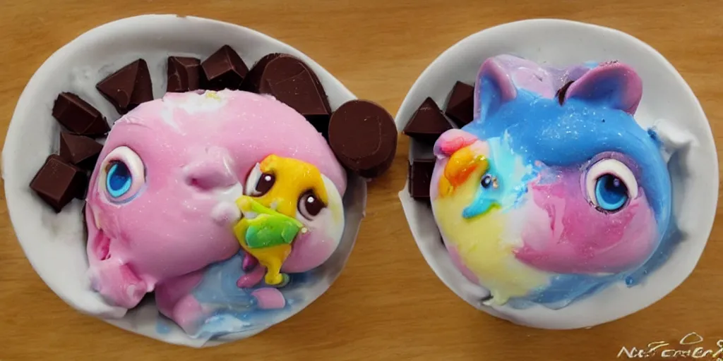 Image similar to ice cream made in the shape of 3 d littlest pet shop animal, realistic, melting, soft painting, desserts with chocolate syrup, toppings, ice cream, master painter and art style of noel coypel, art of emile eisman - semenowsky, art of edouard bisson