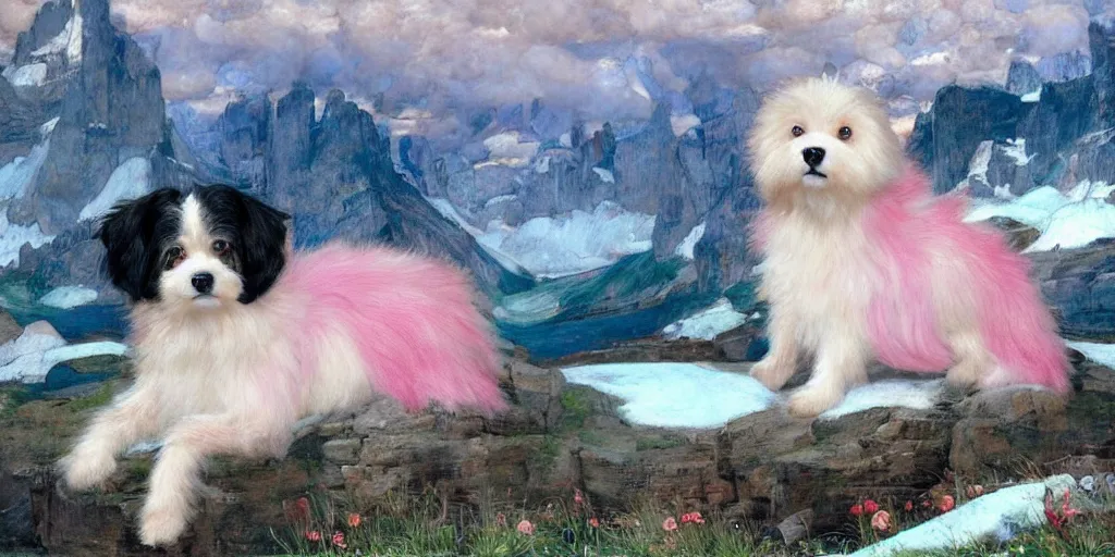 Prompt: 3 d precious moments plush dog with realistic fur and an blue / white / gray / green / pink / tan / mid pink / blue gray color scheme, snowy mountain landscape, master painter and art style of john william waterhouse and caspar david friedrich and philipp otto runge