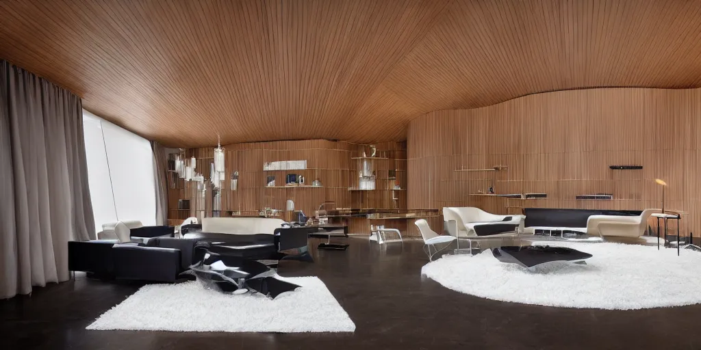 Image similar to living room designed by zaha hadid with wood paneling, metal structures, futuristic furniture, led lighting, minimalist interior design, modern architecture, photography
