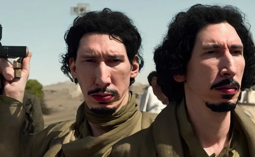 Image similar to Adam Driver as Gaddafi in 'Ddafi' (2025), movie still frame, oscar nominated cinematography, volumetric lighting, 8k resolution, beautiful composition